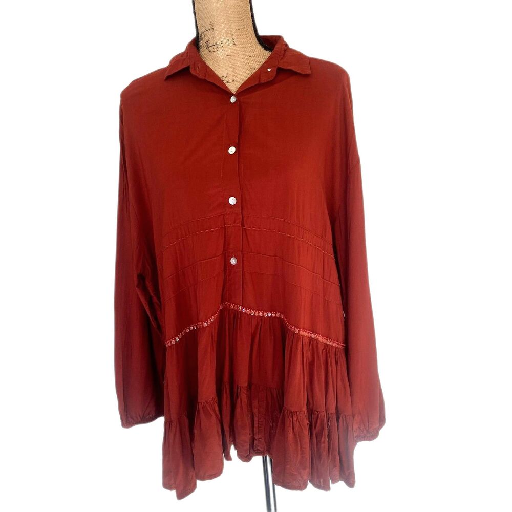 Cienna Beaded Popover Blouse Burnt Orange Lagenlook Bohemian Sequins‎ One Size